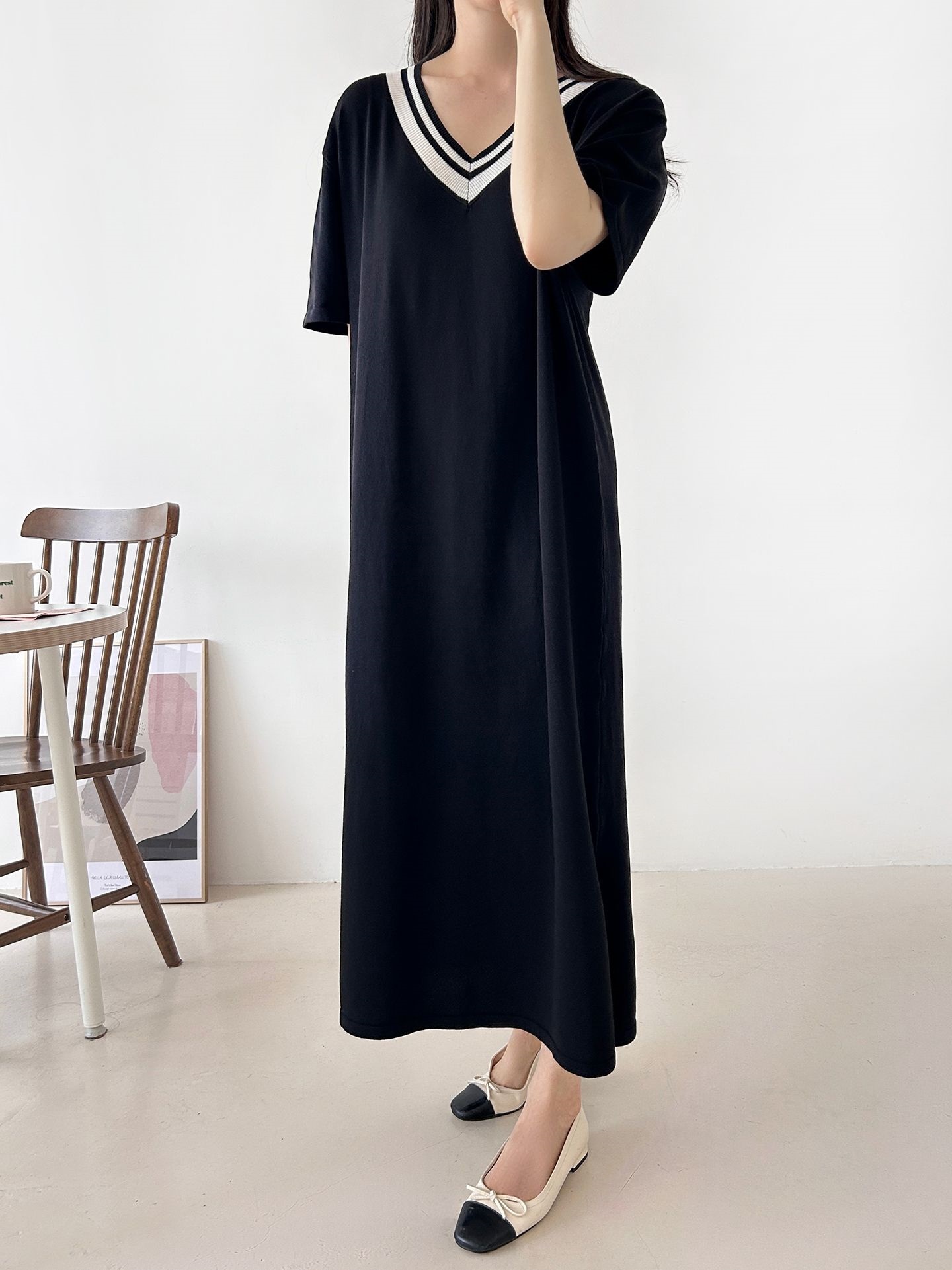 ニット配色Vネックロング半袖ワンピース | 詳細画像31