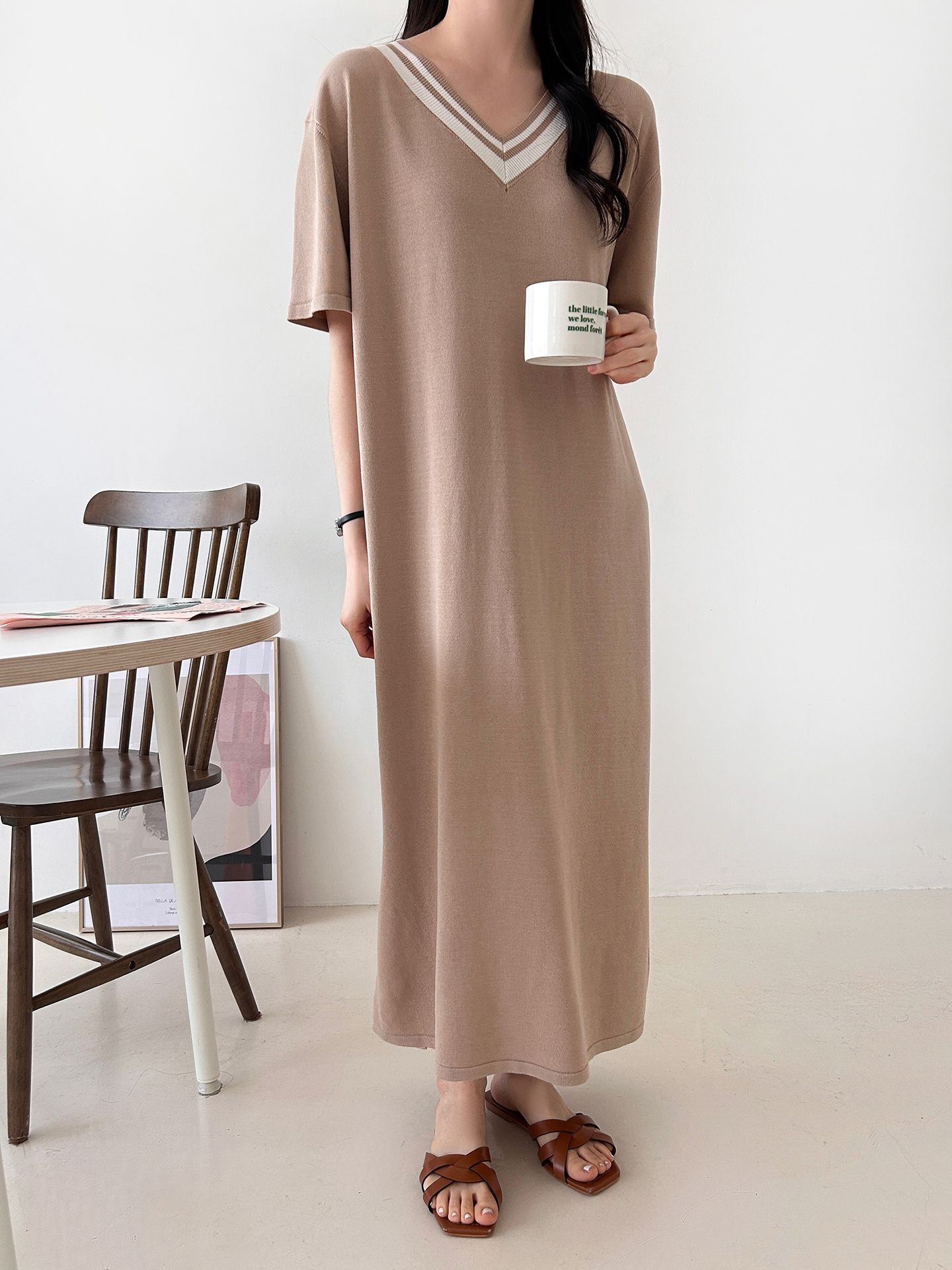 ニット配色Vネックロング半袖ワンピース | 詳細画像5