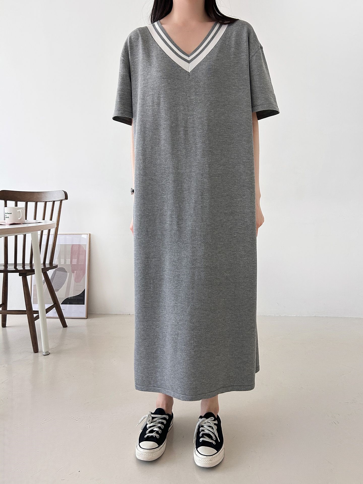 ニット配色Vネックロング半袖ワンピース | 詳細画像21