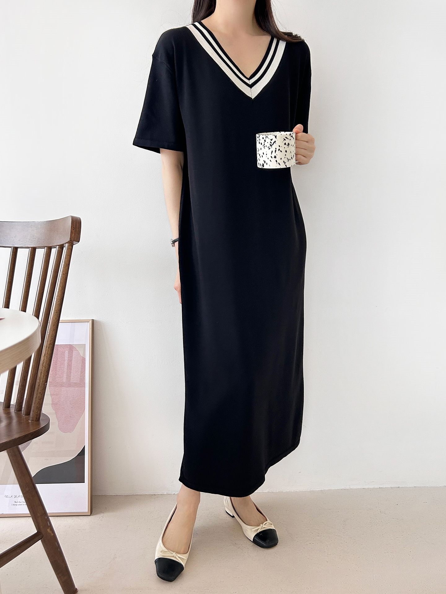 ニット配色Vネックロング半袖ワンピース | 詳細画像34