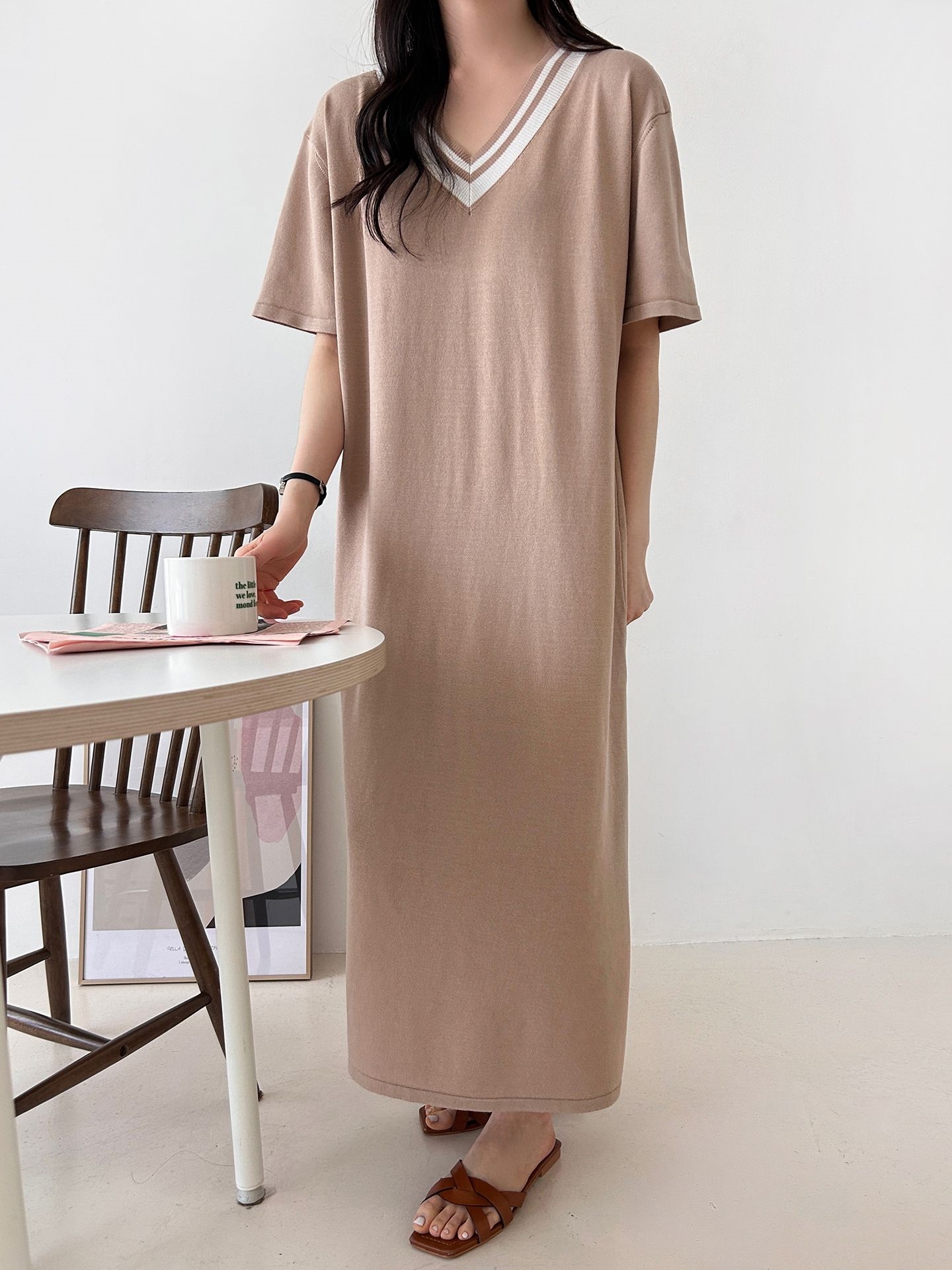 ニット配色Vネックロング半袖ワンピース | 詳細画像8