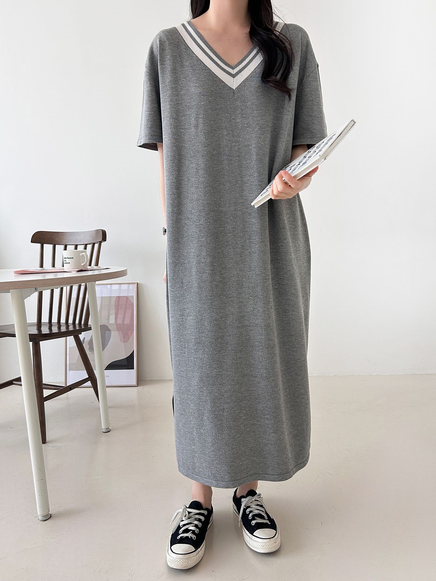 ニット配色Vネックロング半袖ワンピース | 詳細画像23