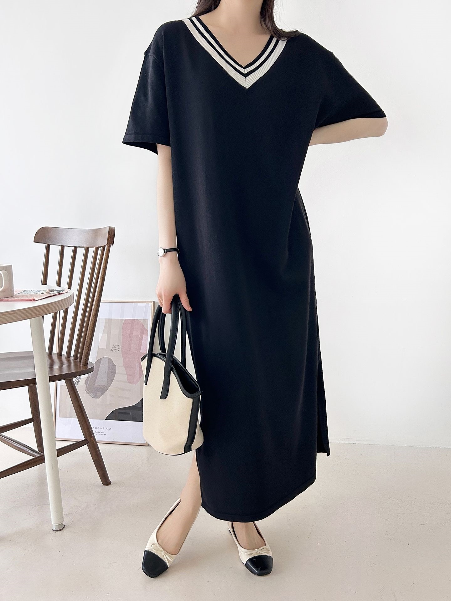 ニット配色Vネックロング半袖ワンピース | 詳細画像32