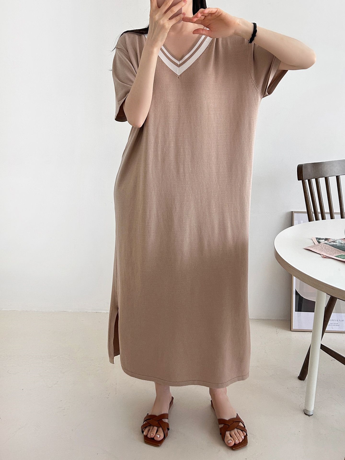 ニット配色Vネックロング半袖ワンピース | 詳細画像9