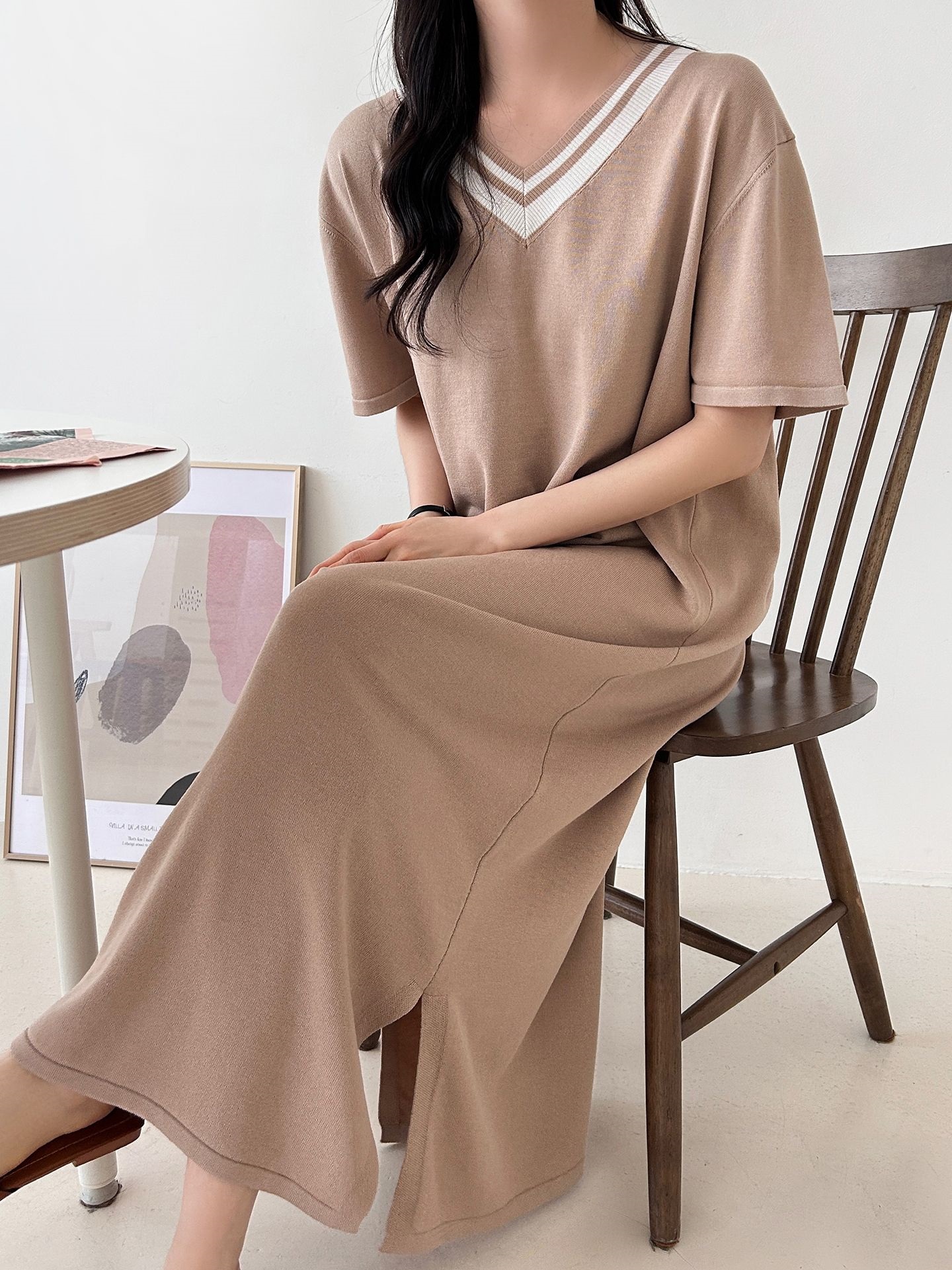 ニット配色Vネックロング半袖ワンピース | 詳細画像16