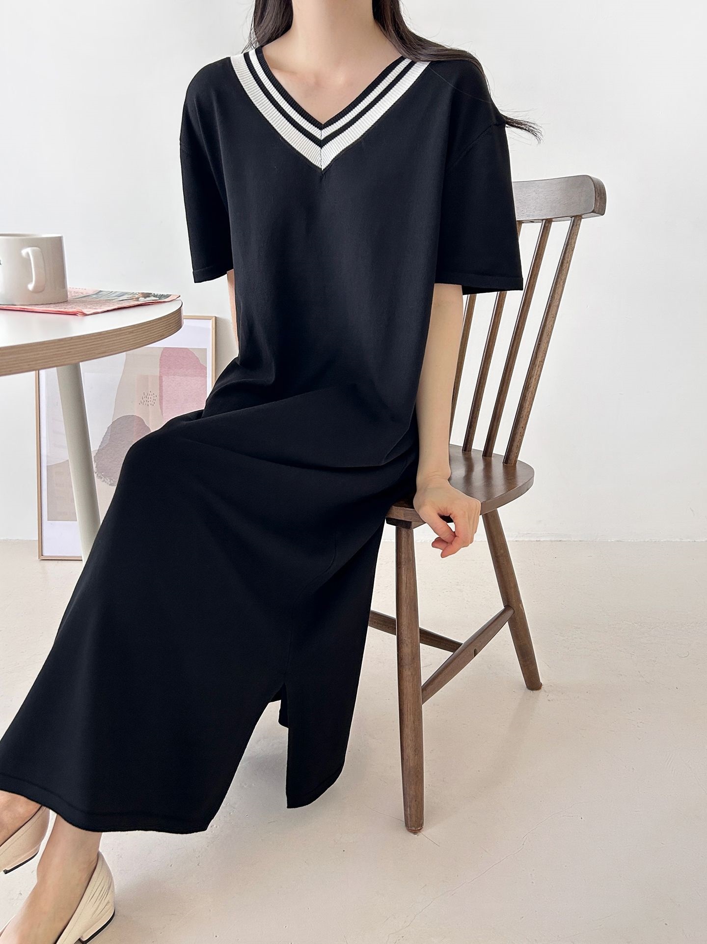 ニット配色Vネックロング半袖ワンピース | 詳細画像36