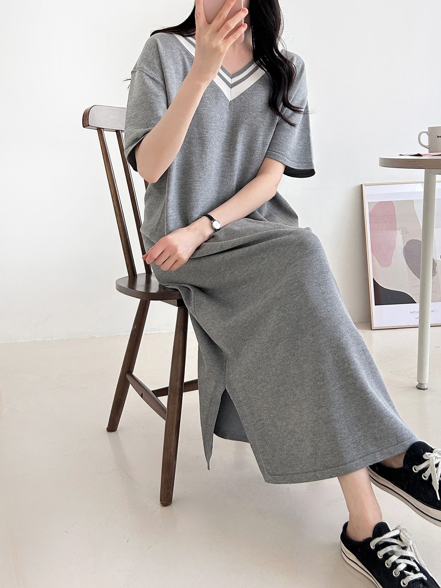 ニット配色Vネックロング半袖ワンピース | 詳細画像26