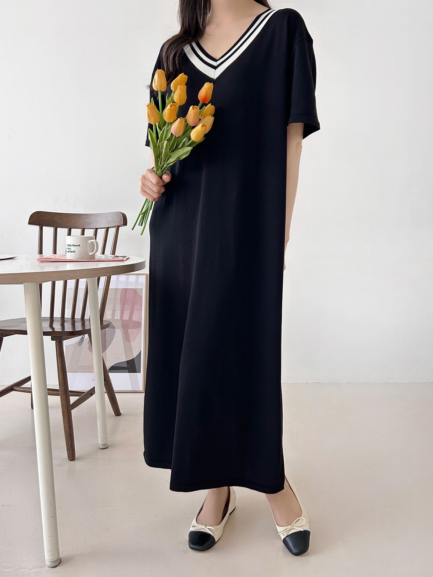 ニット配色Vネックロング半袖ワンピース | 詳細画像33