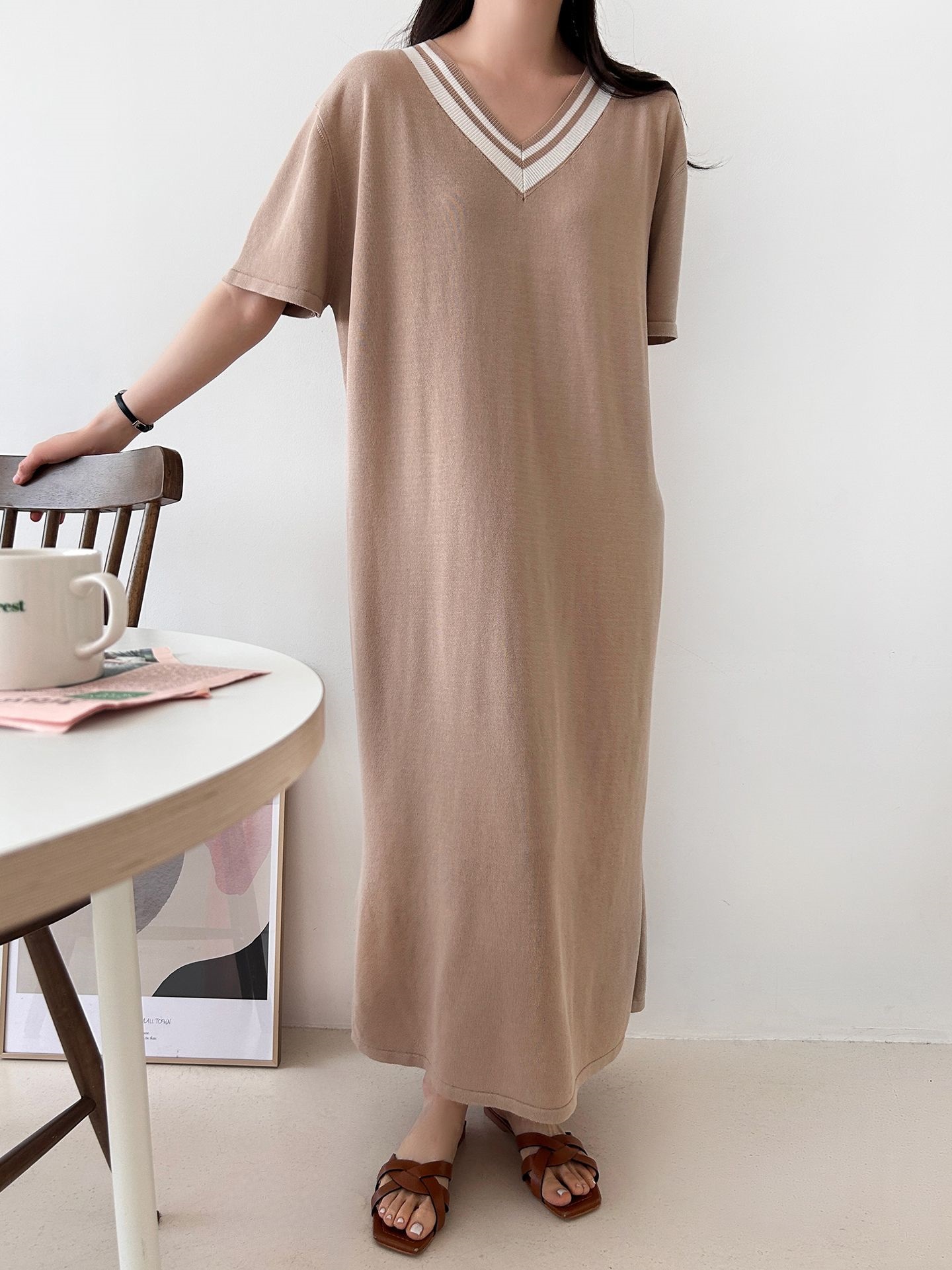 ニット配色Vネックロング半袖ワンピース | 詳細画像13