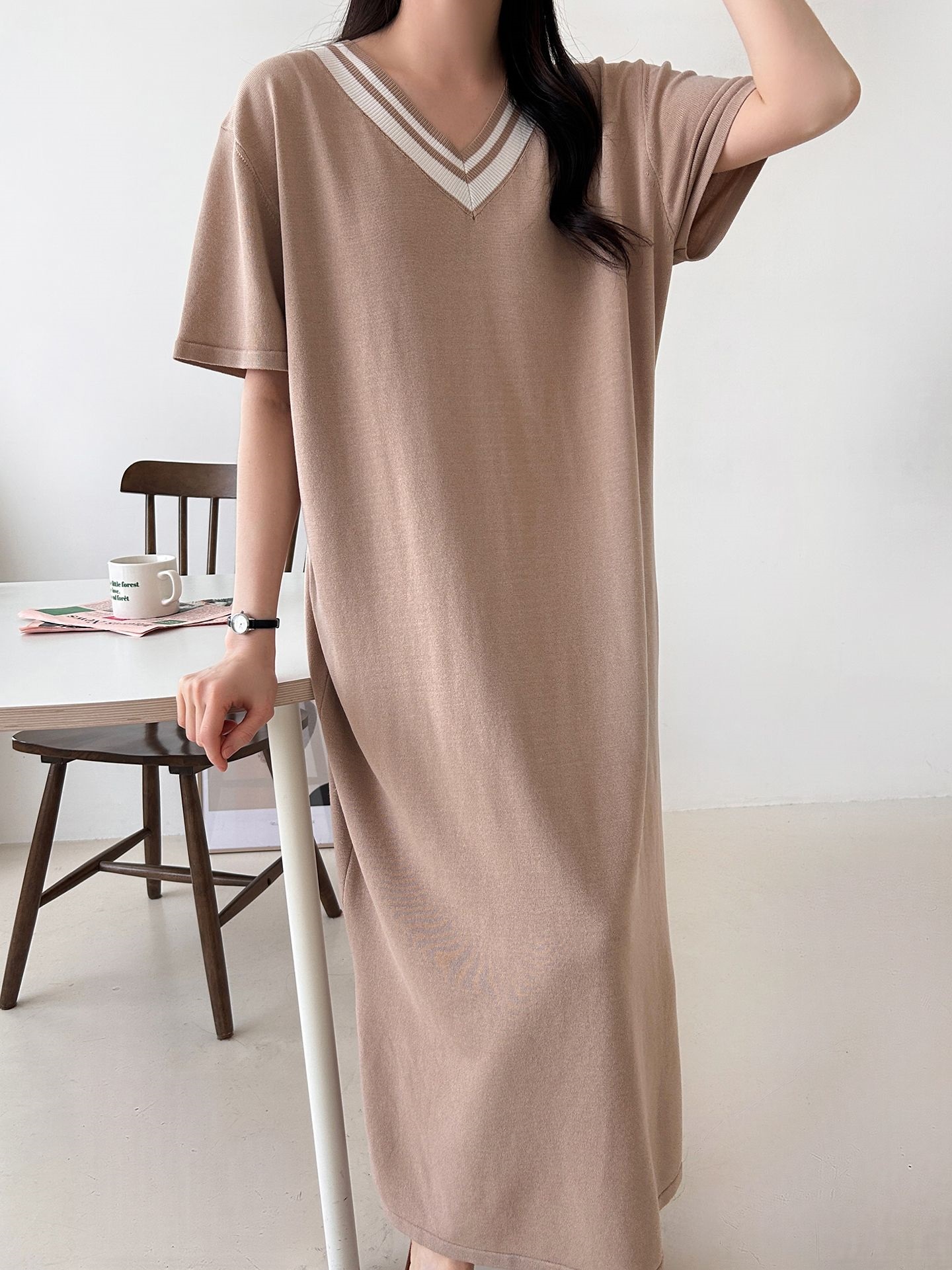 ニット配色Vネックロング半袖ワンピース | 詳細画像7