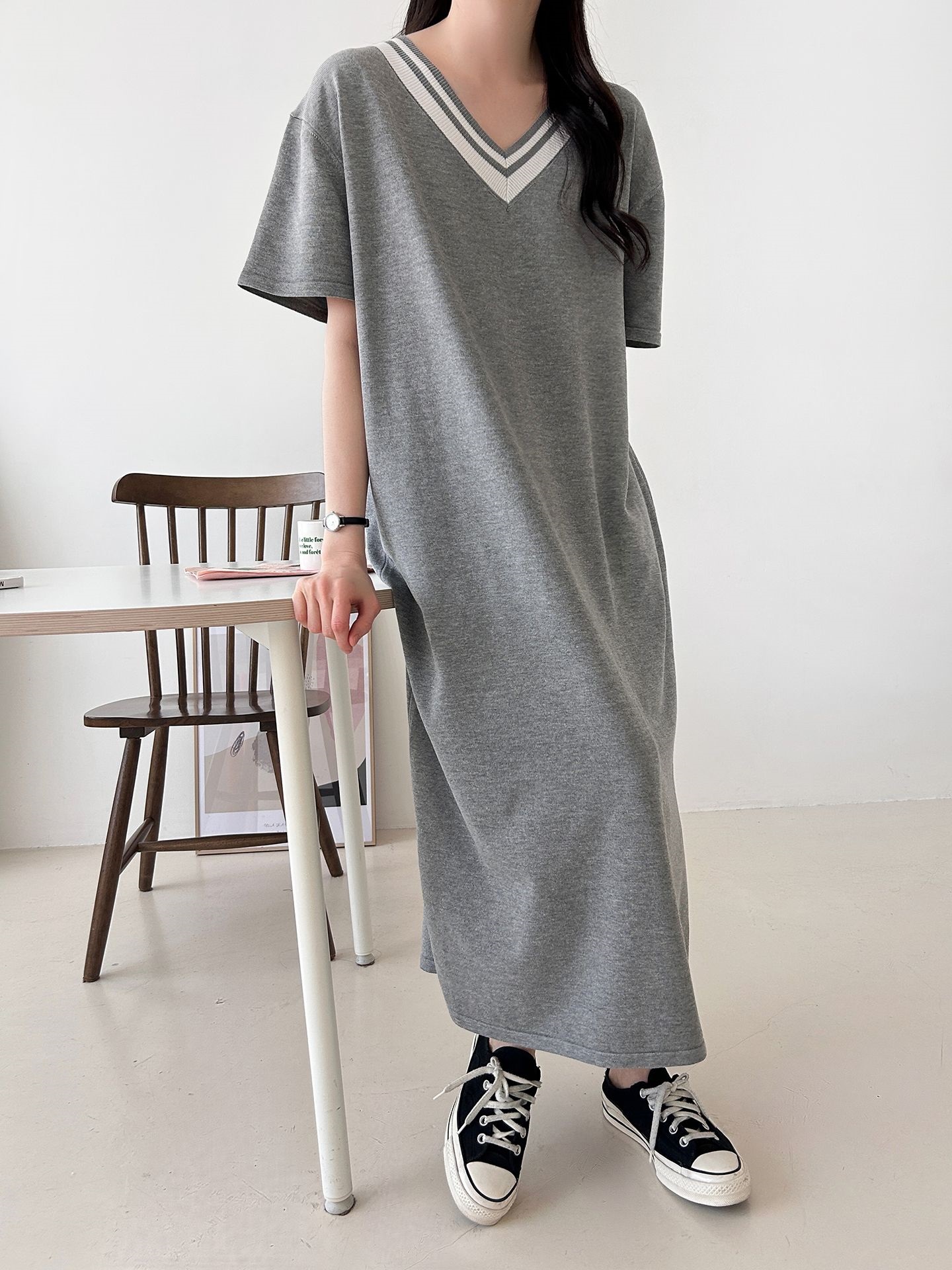 ニット配色Vネックロング半袖ワンピース | 詳細画像24