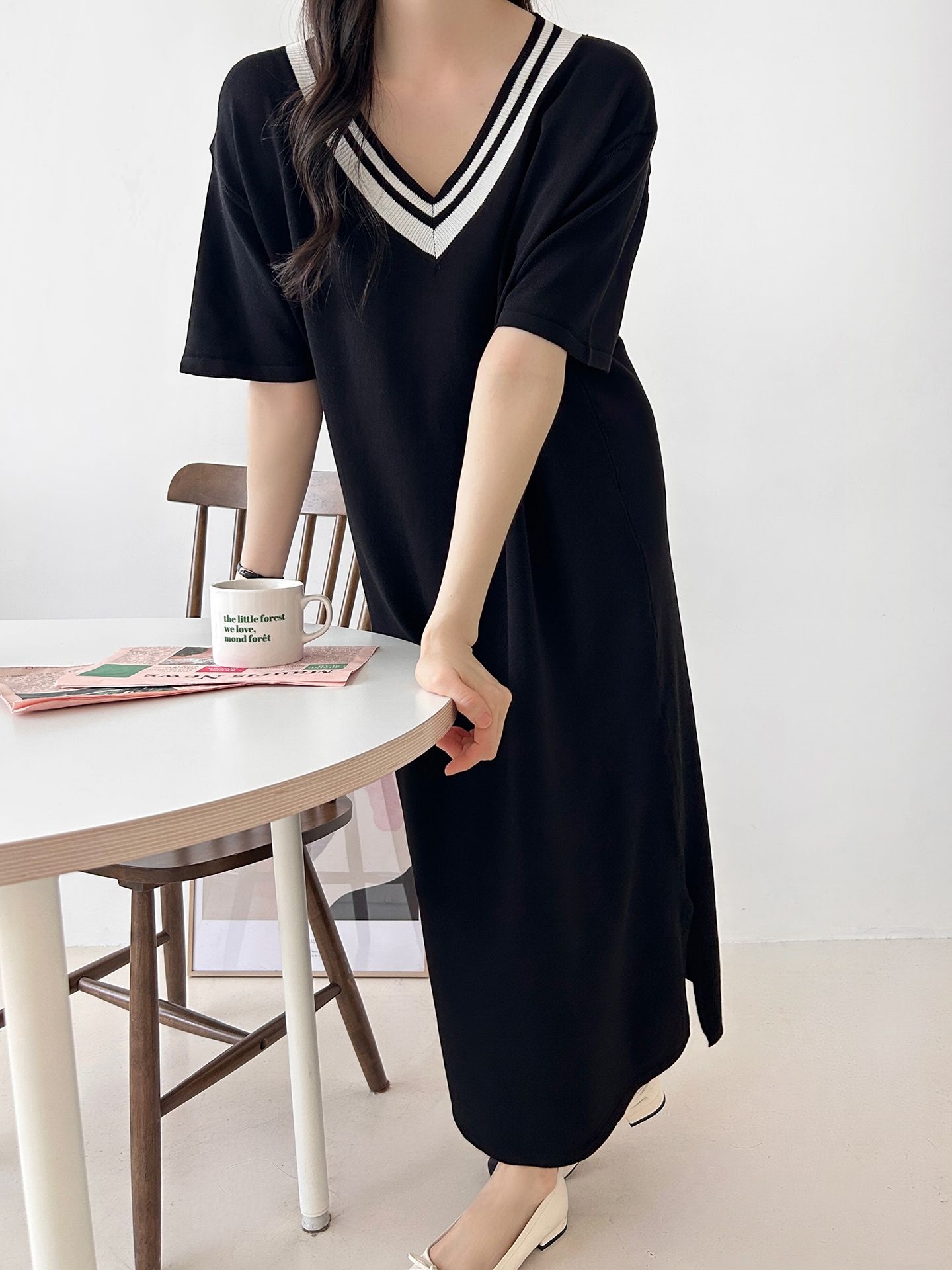 ニット配色Vネックロング半袖ワンピース | 詳細画像28