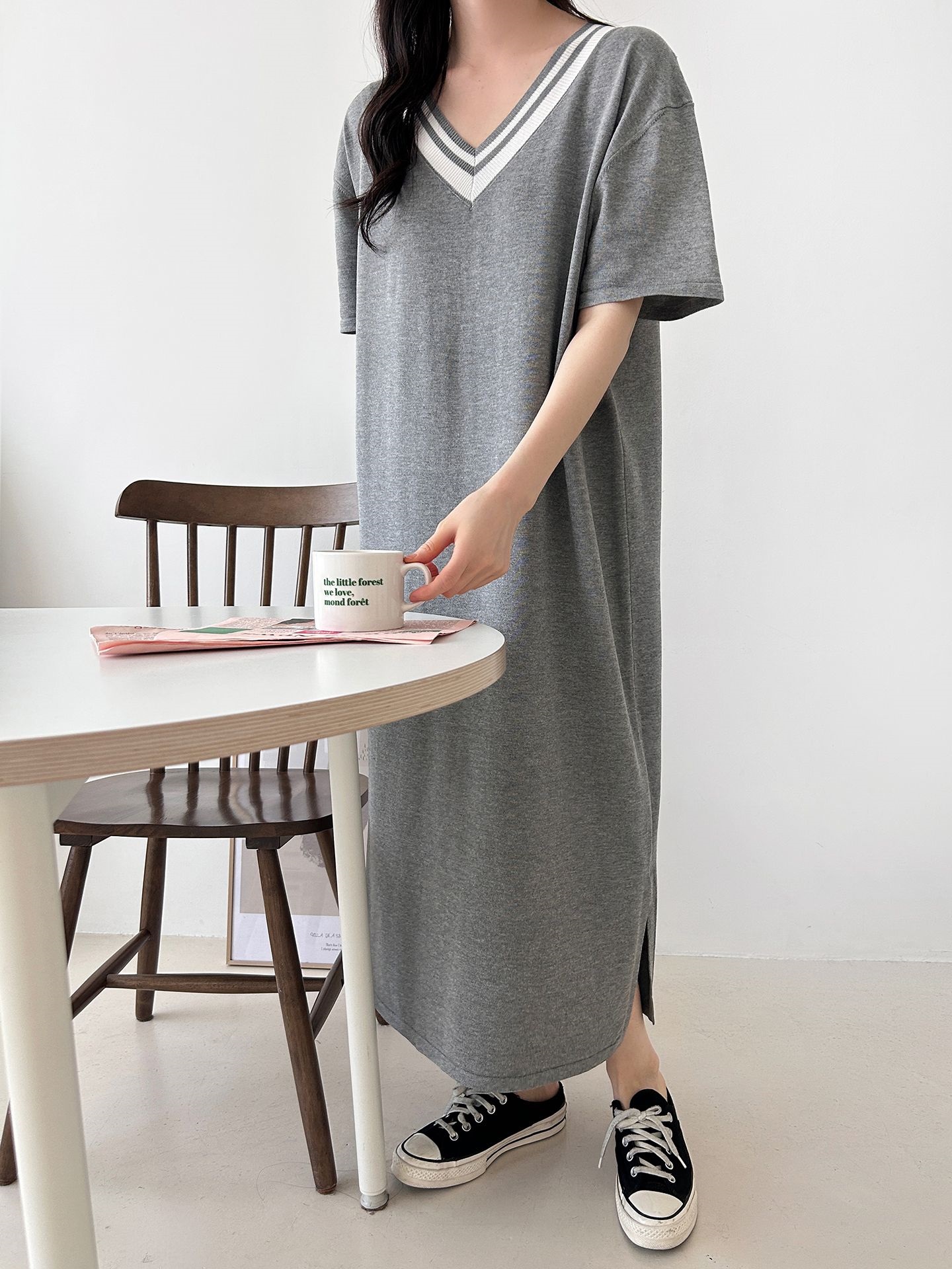 ニット配色Vネックロング半袖ワンピース | 詳細画像19