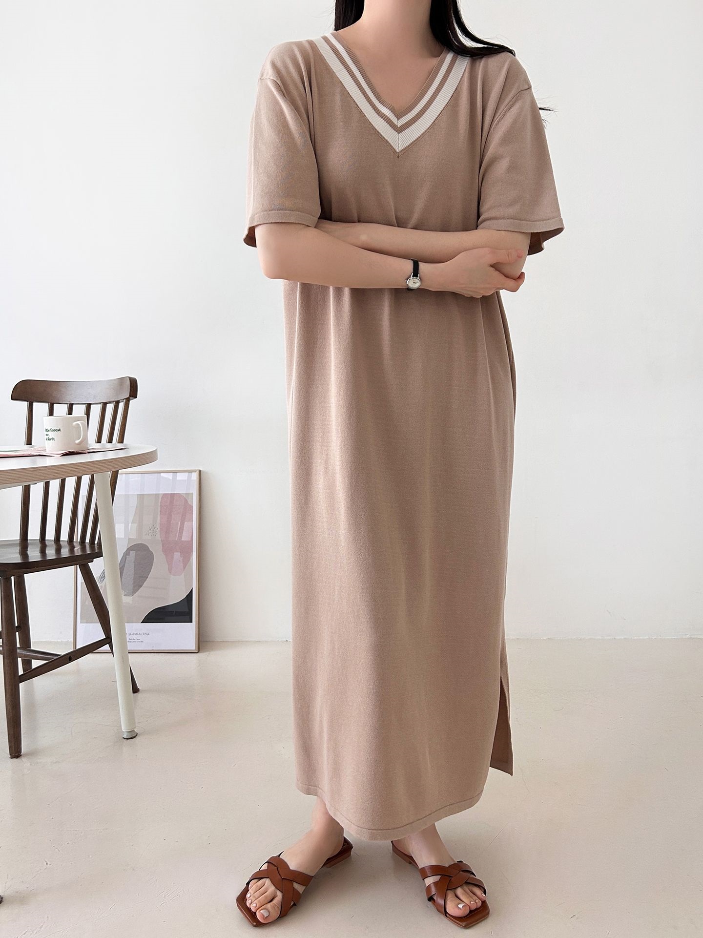 ニット配色Vネックロング半袖ワンピース | 詳細画像15