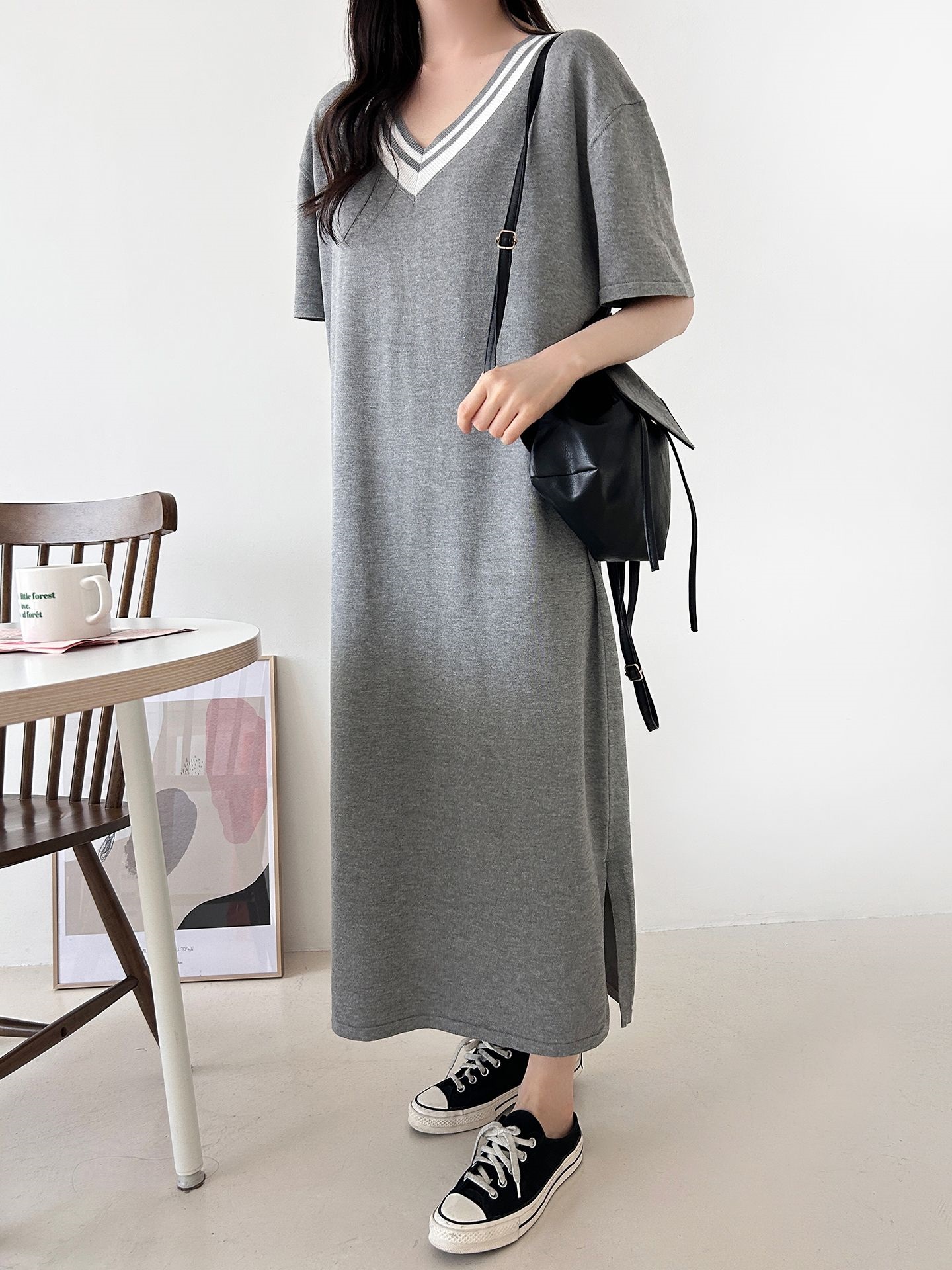 ニット配色Vネックロング半袖ワンピース | 詳細画像22