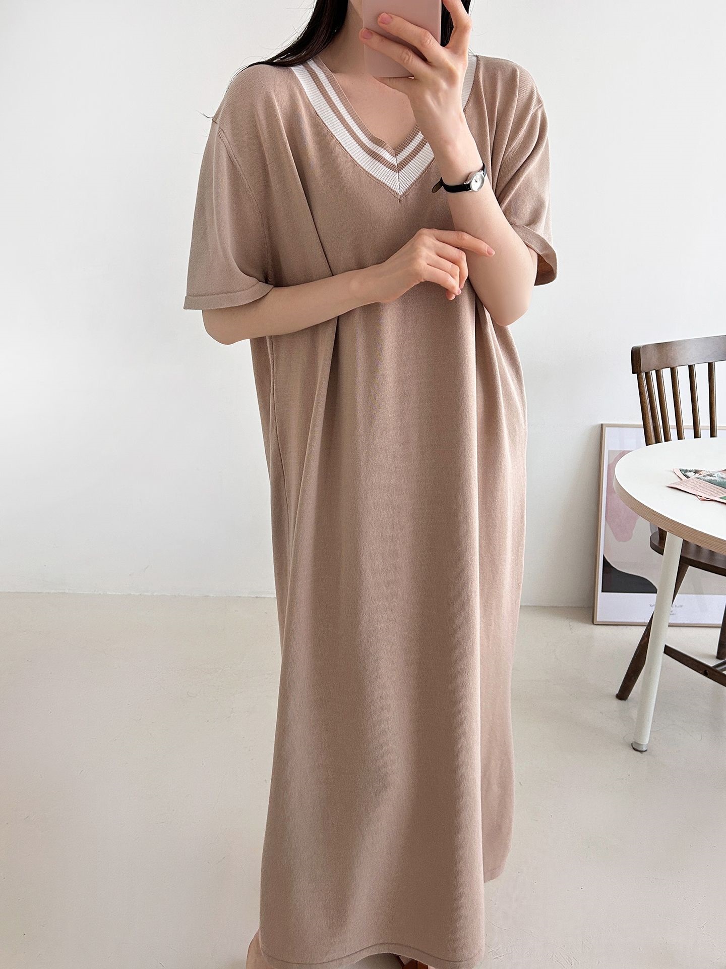 ニット配色Vネックロング半袖ワンピース | 詳細画像10