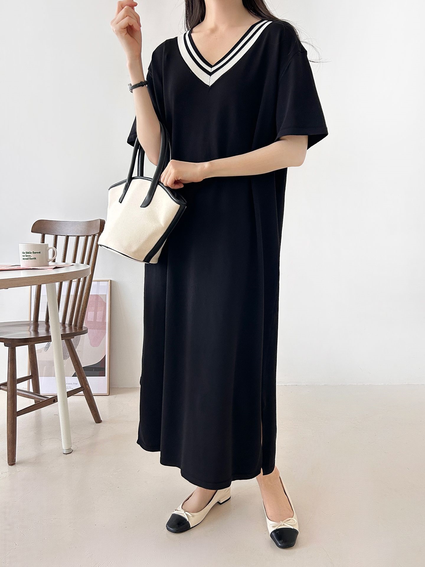 ニット配色Vネックロング半袖ワンピース | 詳細画像35