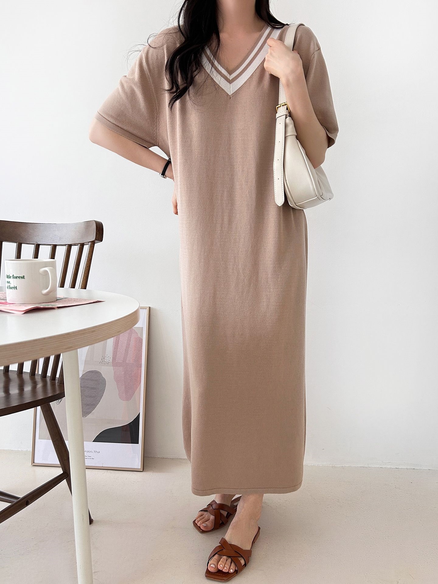 ニット配色Vネックロング半袖ワンピース | 詳細画像12