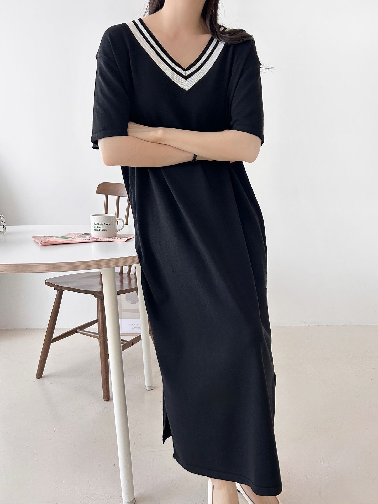 ニット配色Vネックロング半袖ワンピース | 詳細画像30