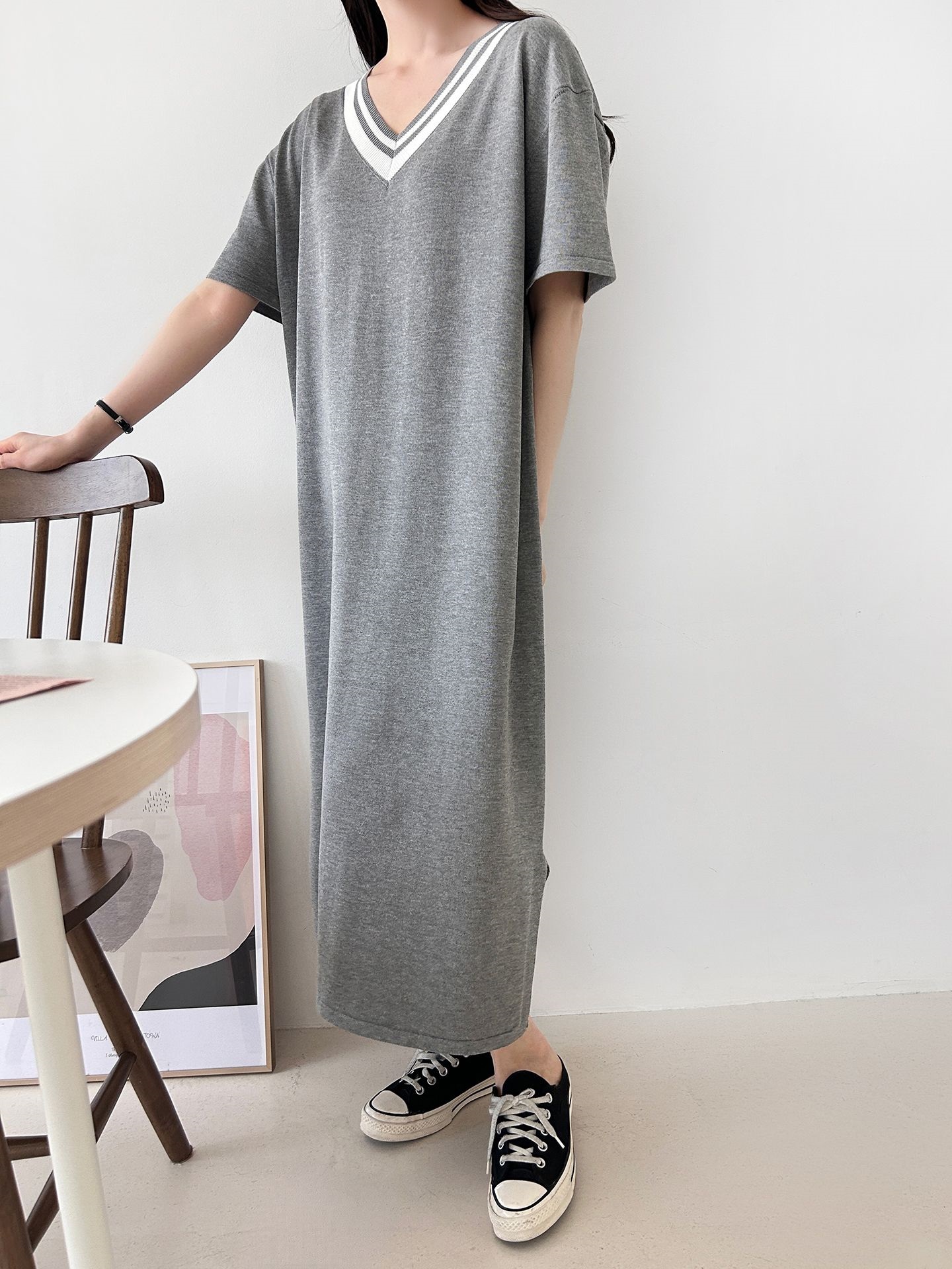 ニット配色Vネックロング半袖ワンピース | 詳細画像25