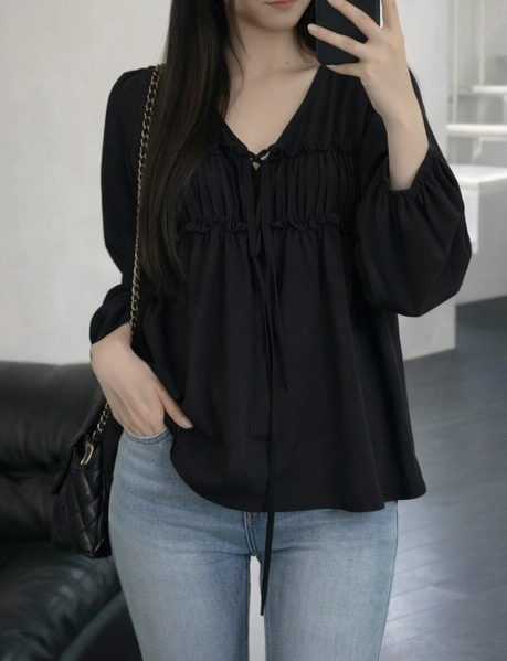 ストラップシャーリングパフスリーブルーズ長袖無地ブラウス | 詳細画像3