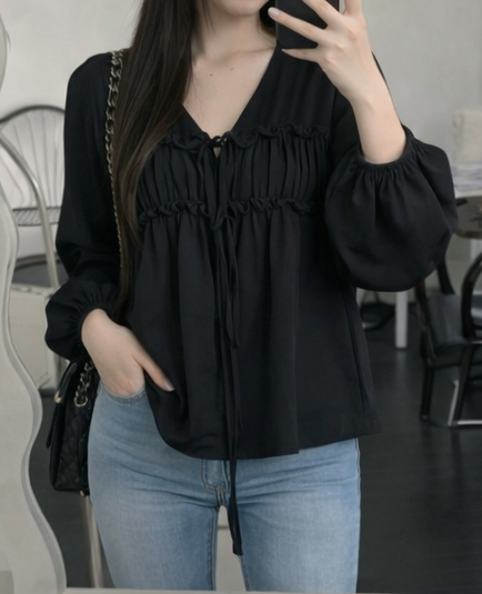 ストラップシャーリングパフスリーブルーズ長袖無地ブラウス | 詳細画像4