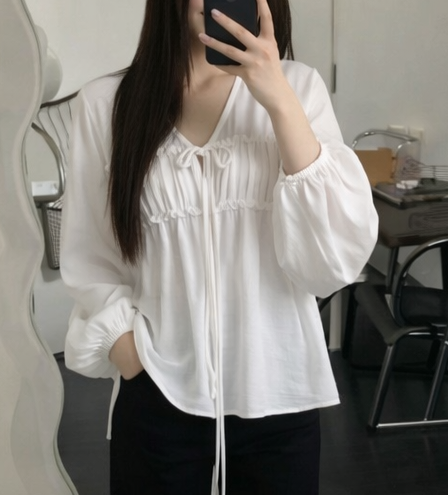 ストラップシャーリングパフスリーブルーズ長袖無地ブラウス | 詳細画像10