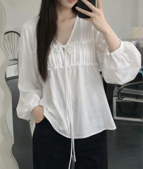 ストラップシャーリングパフスリーブルーズ長袖無地ブラウス | 詳細画像9