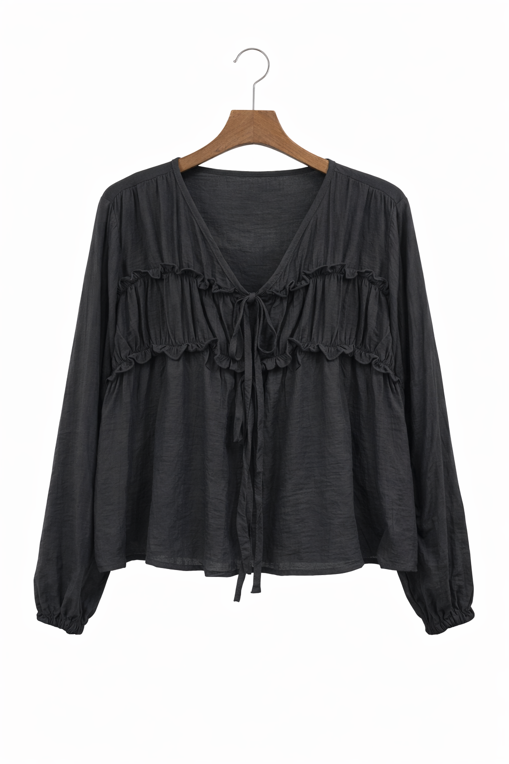 ストラップシャーリングパフスリーブルーズ長袖無地ブラウス | 詳細画像13