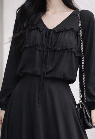 ストラップシャーリングパフスリーブルーズ長袖無地ブラウス | 詳細画像5