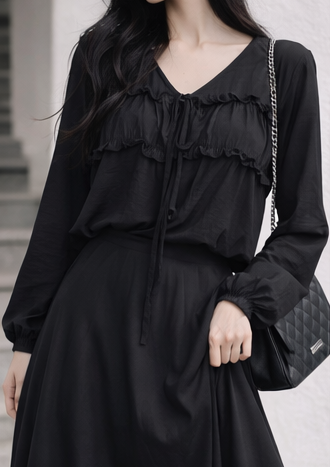 ストラップシャーリングパフスリーブルーズ長袖無地ブラウス | 詳細画像6