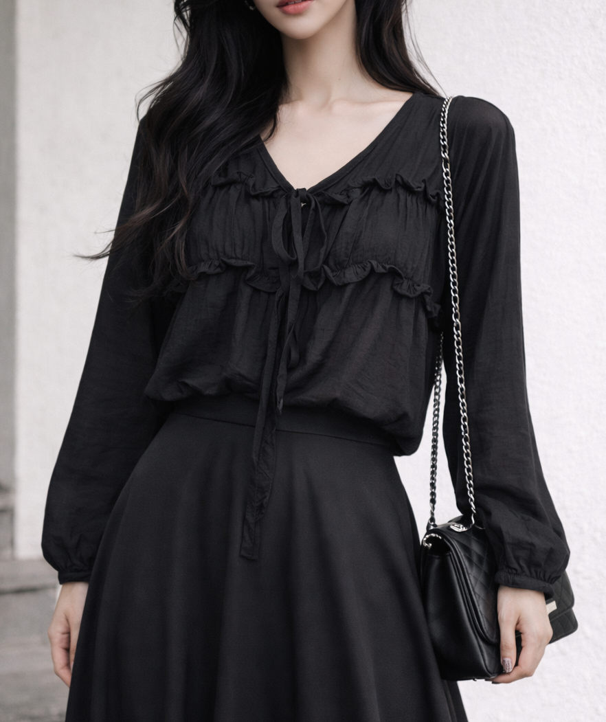 ストラップシャーリングパフスリーブルーズ長袖無地ブラウス | 詳細画像7