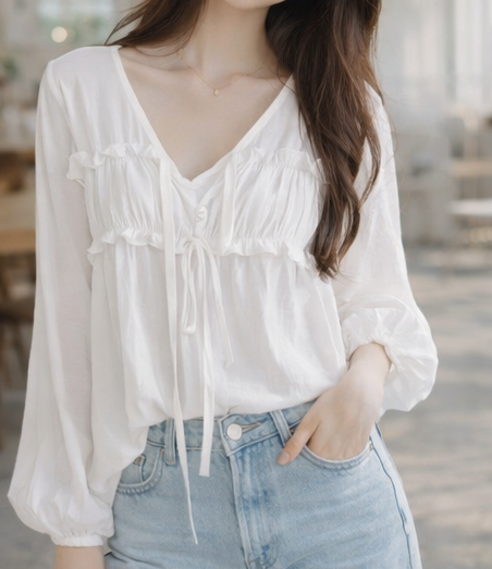 ストラップシャーリングパフスリーブルーズ長袖無地ブラウス | 詳細画像12