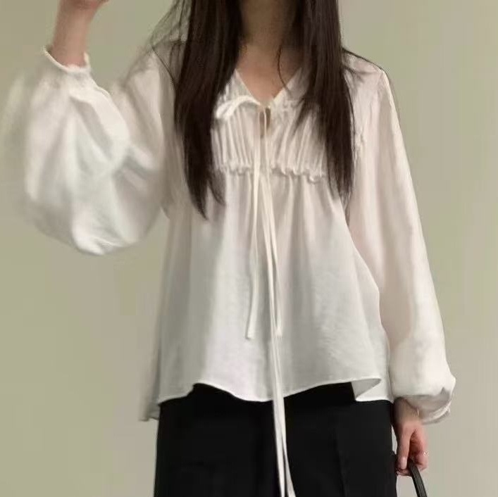 ストラップシャーリングパフスリーブルーズ長袖無地ブラウス | 詳細画像8