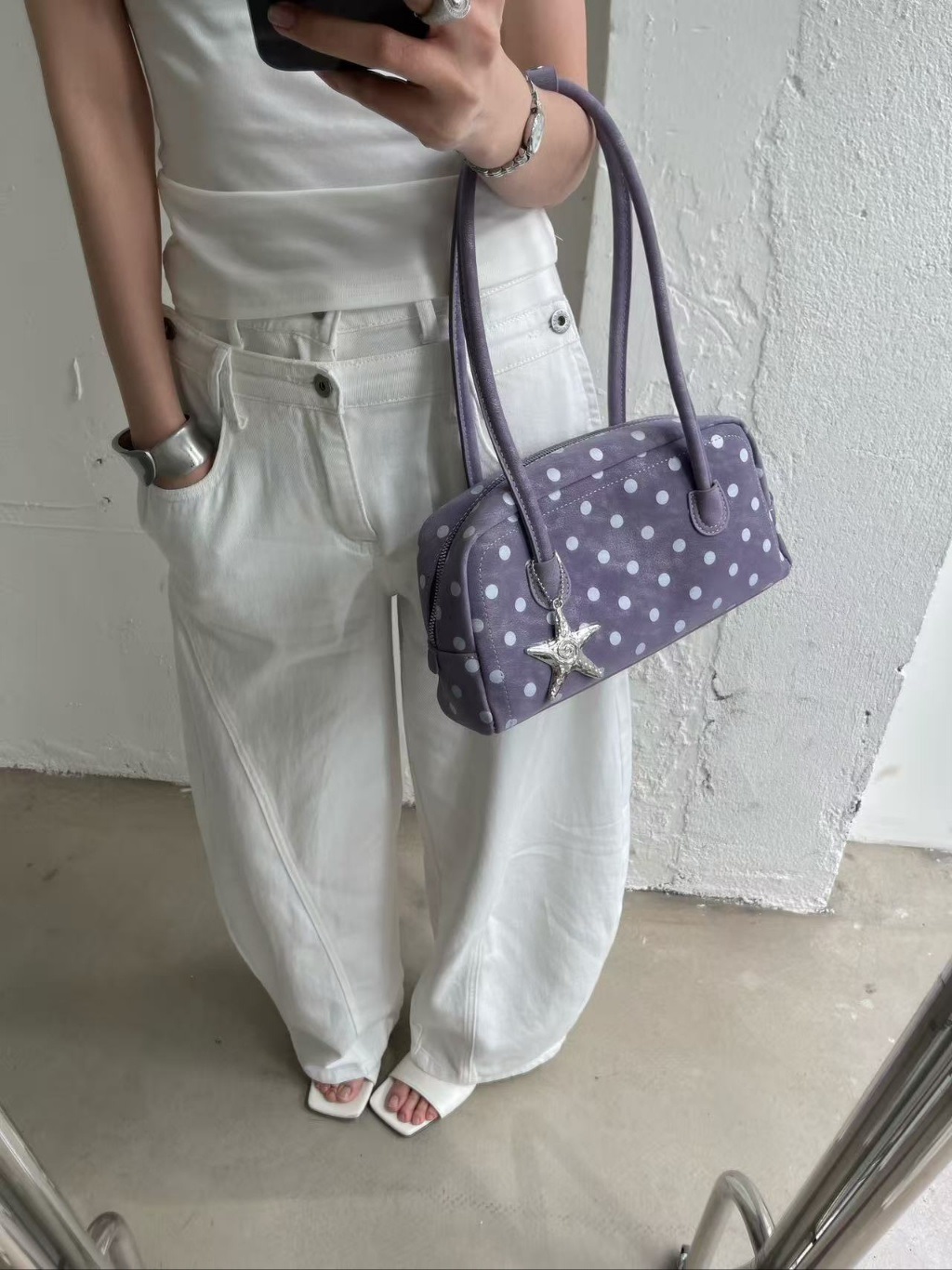 レザー調ジップアップポケットドット配色トートバッグキーリングセット | 詳細画像11