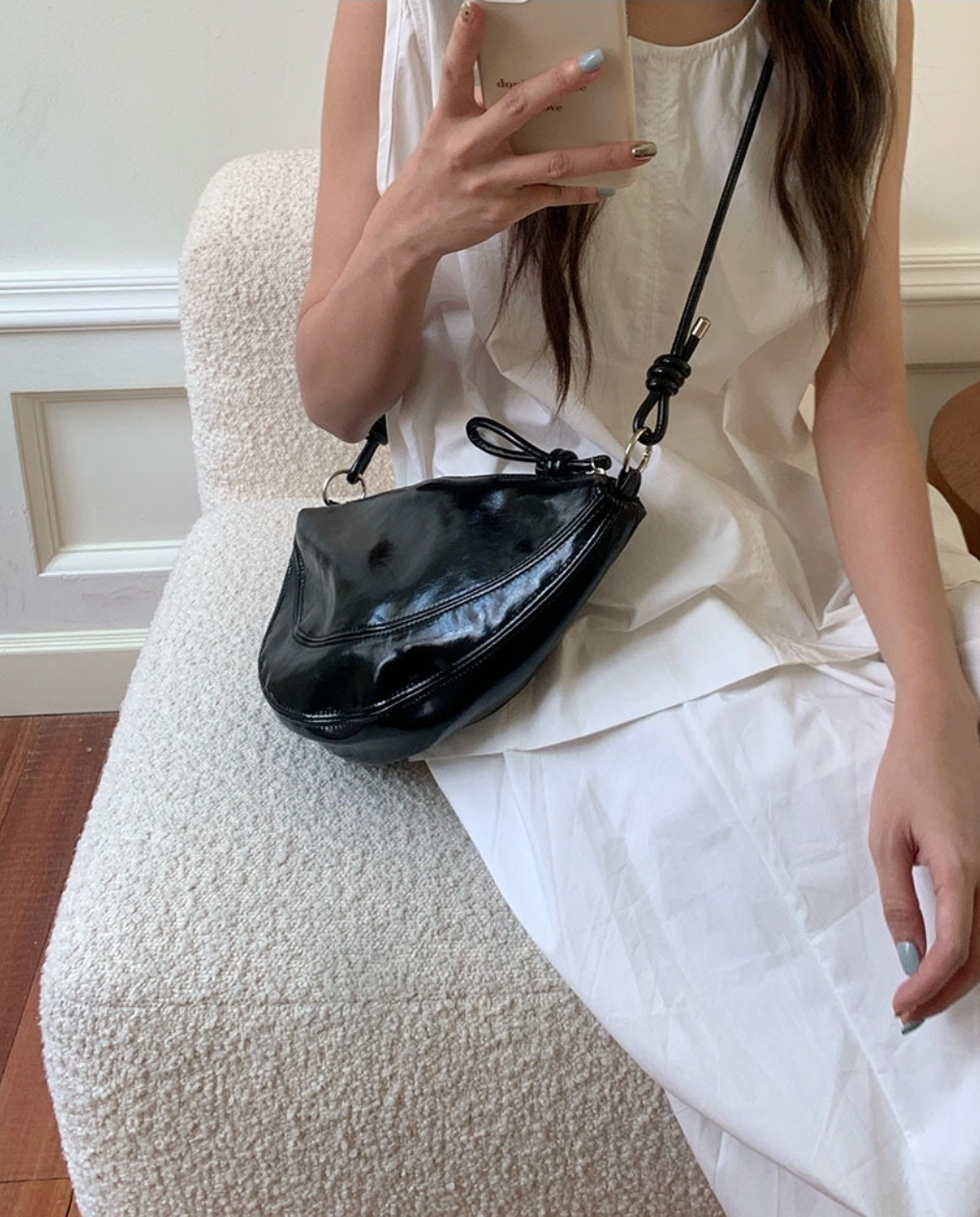 レザー調ジップアップポケットラインノットDリング無地ショルダーバッグ | 詳細画像2