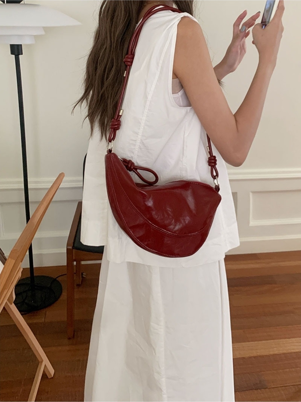 レザー調ジップアップポケットラインノットDリング無地ショルダーバッグ | 詳細画像4