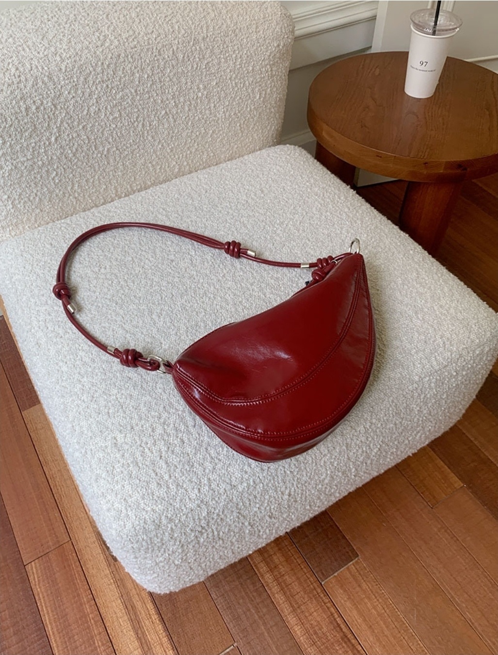 レザー調ジップアップポケットラインノットDリング無地ショルダーバッグ | 詳細画像6