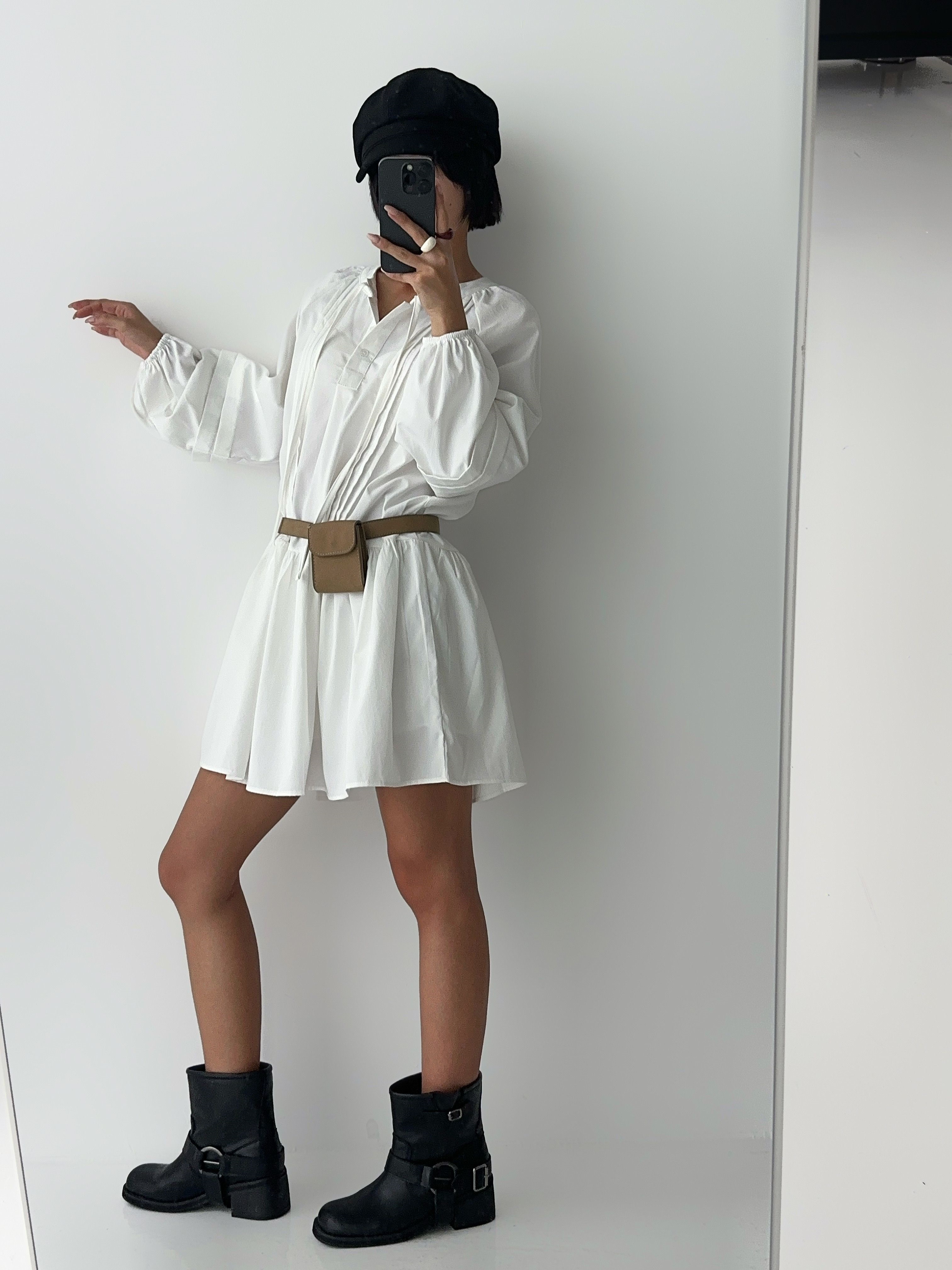 ストラップVネックピンタックラインパフスリーブオーバーサイズハーフボタンルーズ長袖ギャザーフレアAラインミニ無地ワンピース | 詳細画像11