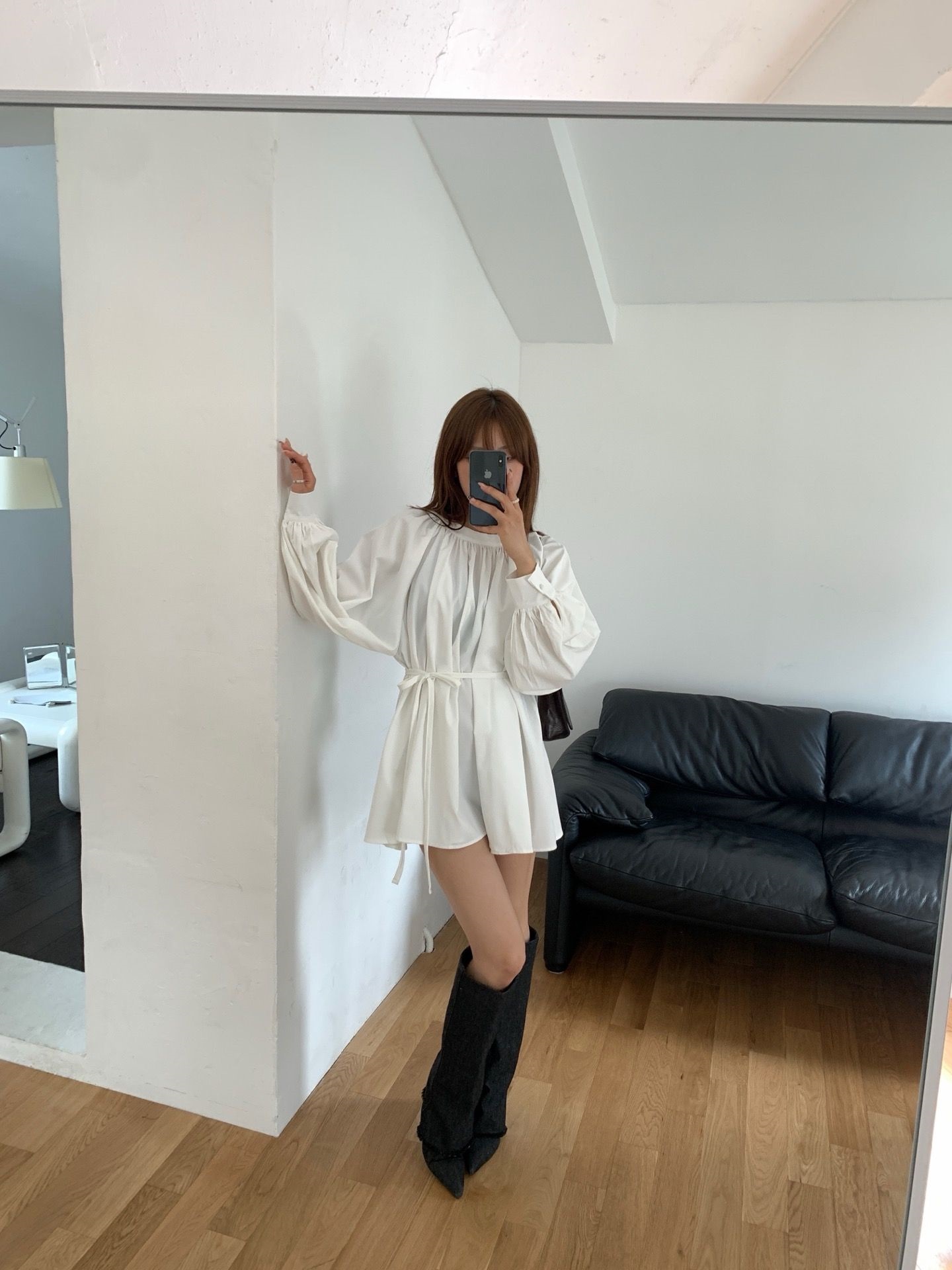 ハーフネックラグランオーバーサイズルーズ長袖ギャザーフレアボタンスリーブハーフ無地ブラウスストラップ付 | 詳細画像7