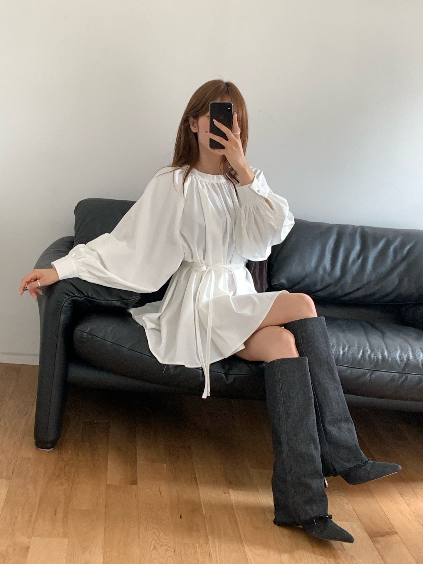 ハーフネックラグランオーバーサイズルーズ長袖ギャザーフレアボタンスリーブハーフ無地ブラウスストラップ付 | 詳細画像9