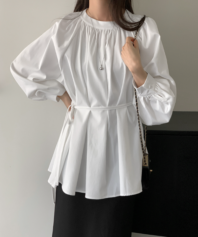 ハーフネックラグランオーバーサイズルーズ長袖ギャザーフレアボタンスリーブハーフ無地ブラウスストラップ付 | 詳細画像14