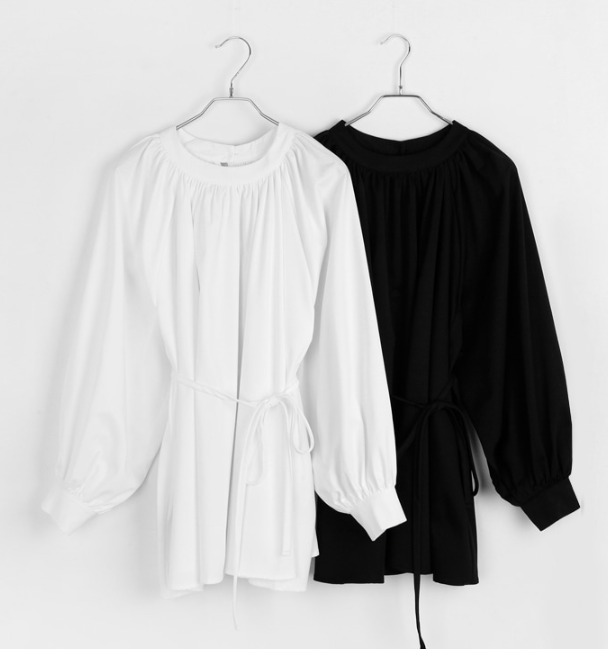 ハーフネックラグランオーバーサイズルーズ長袖ギャザーフレアボタンスリーブハーフ無地ブラウスストラップ付 | 詳細画像15