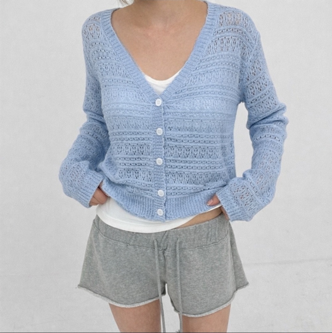 アクリルボタンVネックパンチングルーズ長袖カーディガン | 詳細画像5