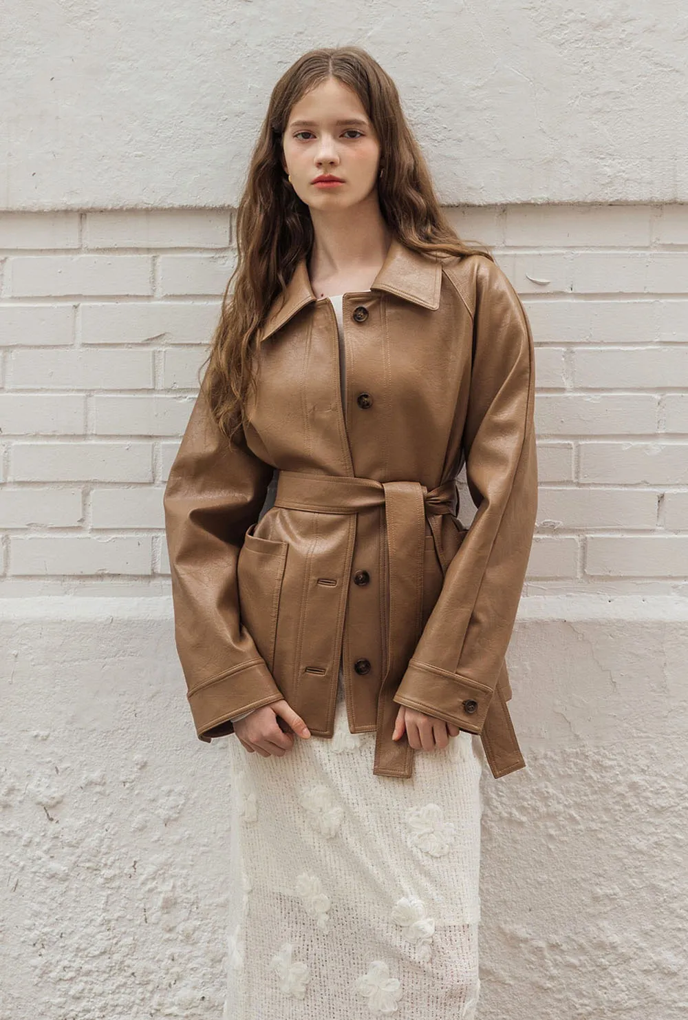 レザー調ボタンカラーポケットベーシックボクシールーズ長袖ジャンパーベルト付 | 詳細画像1