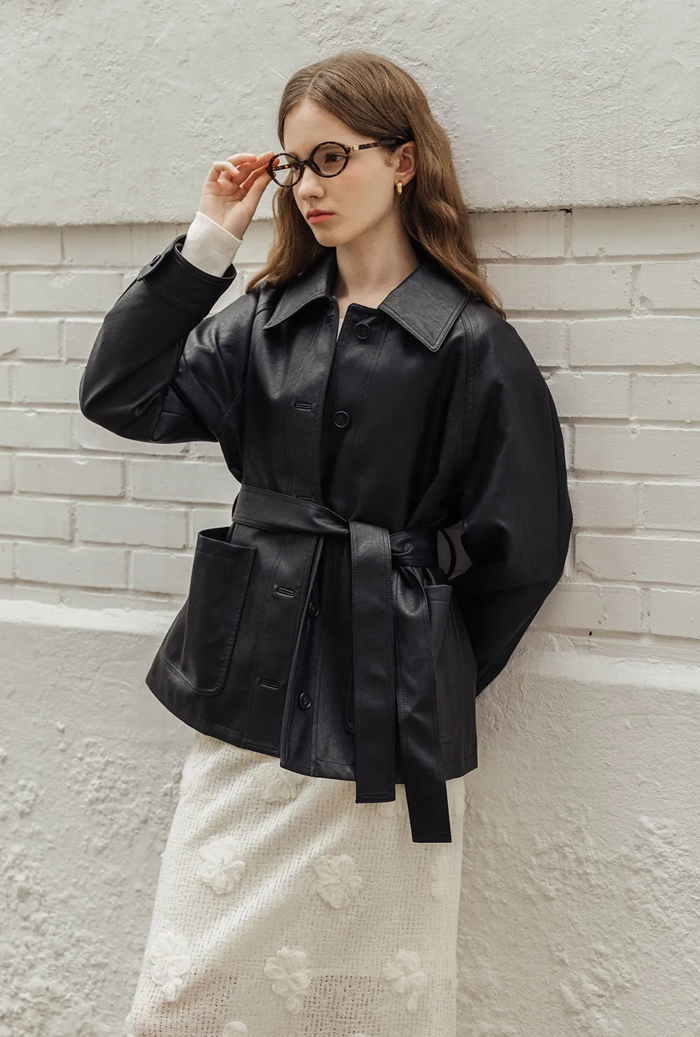 レザー調ボタンカラーポケットボクシールーズ長袖ジャンパーベルト付 | 詳細画像1