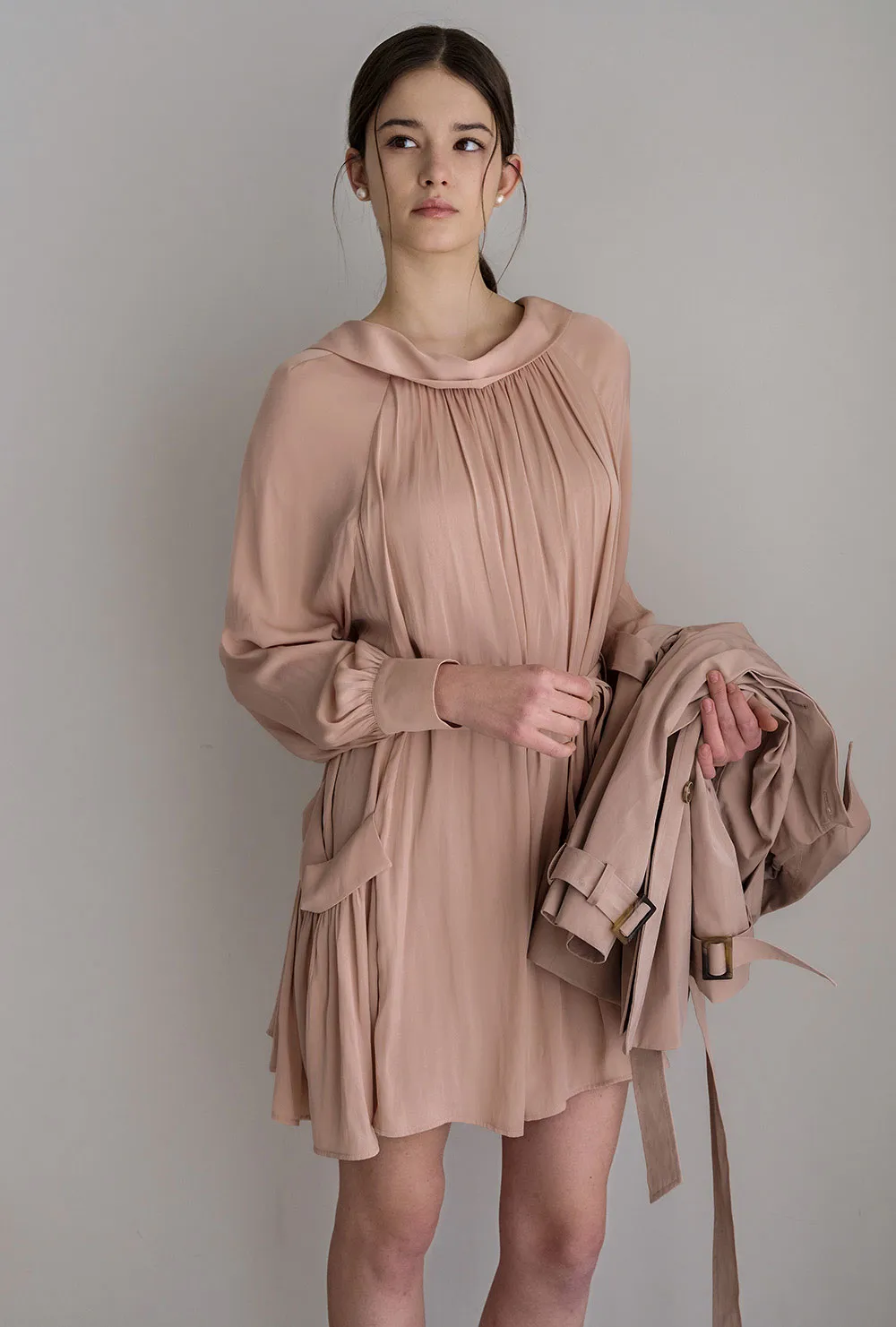 シフォンラウンドネックルーズ長袖ミニワンピーススカーフ付 | 詳細画像1