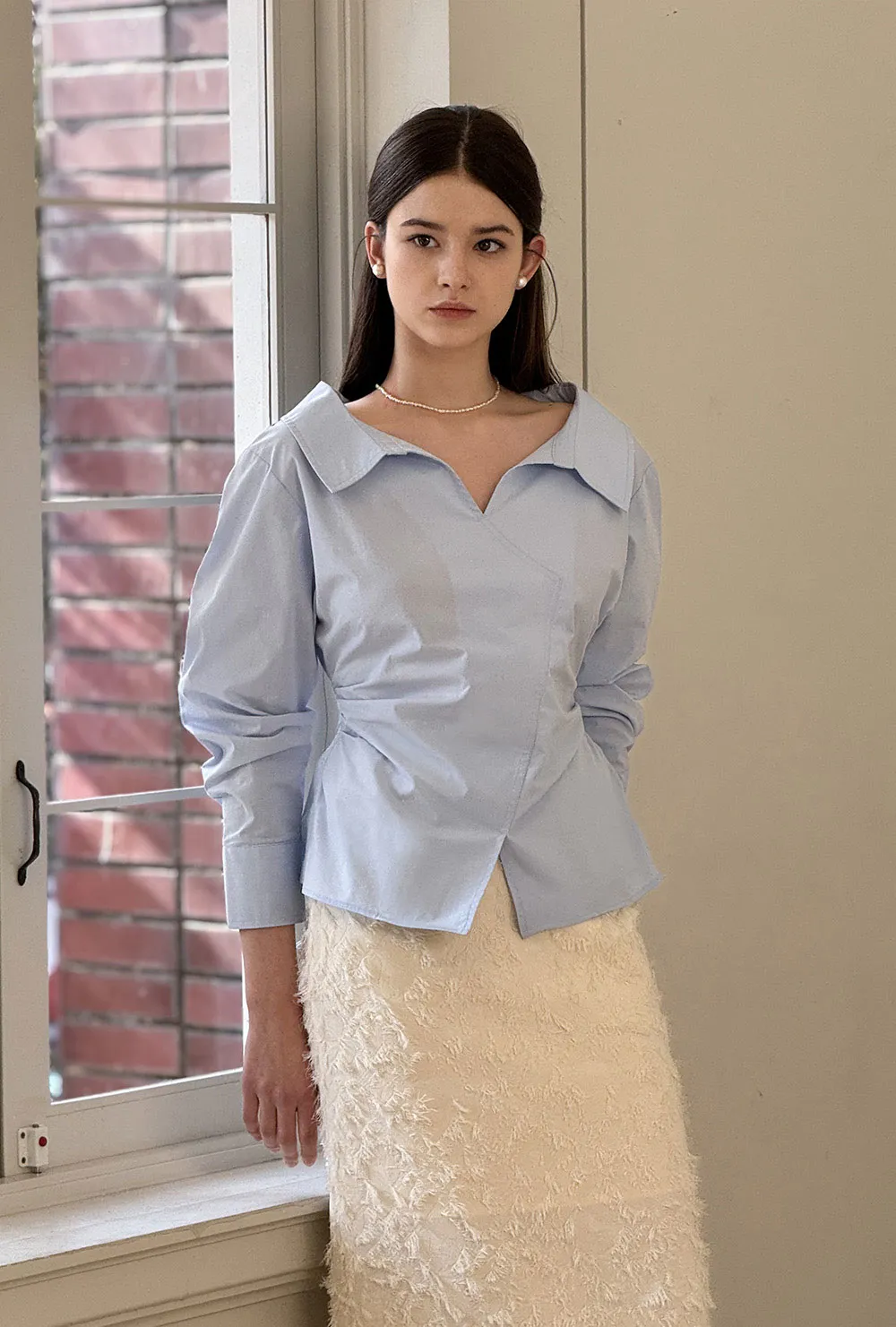 ジップアップカラー長袖ギャザーシャツ | 詳細画像1