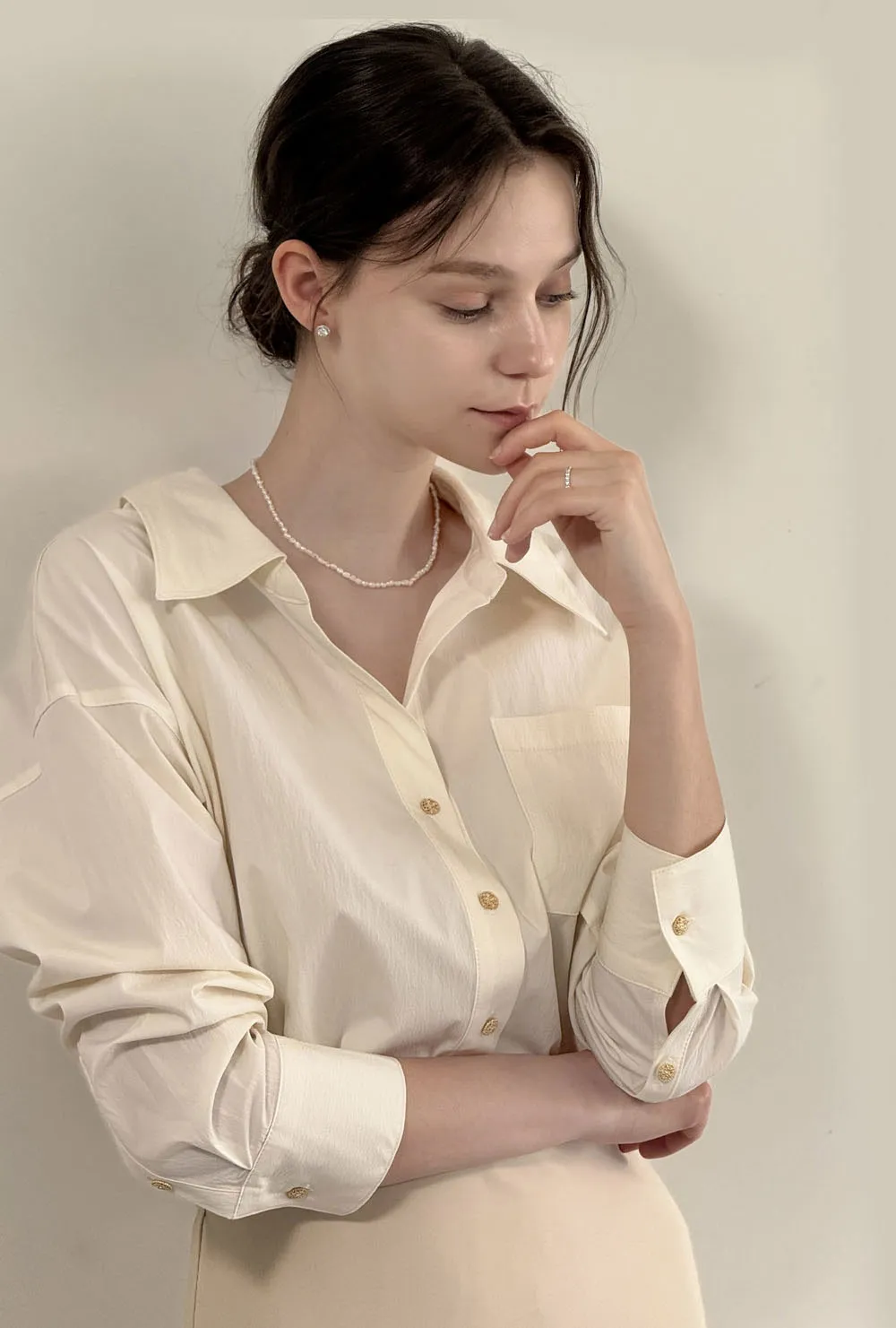 カラー長袖スリムギャザードレープシャツ | 詳細画像1