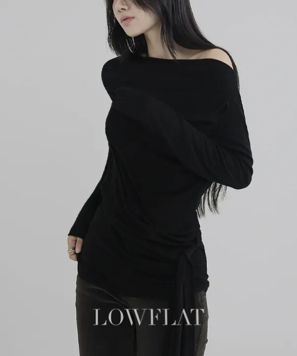 ストラップワンショルダーアンバランスネックシャーリングスリム長袖無地Tシャツ | LowFlat | 詳細画像2